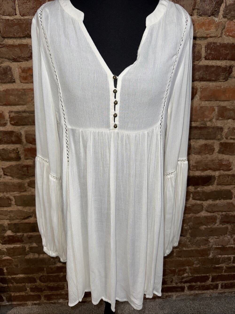 Ivory Empire Waist Sheer Boho Peasant Dress swim cover up Sz M Rayon EUC Beachy
